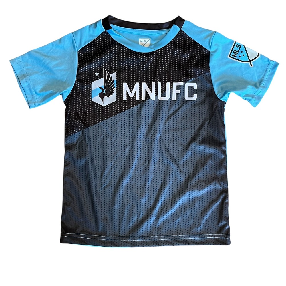 MLS Minnesota United FC Boys Soccer Jersey Light Blue Black MNUFC Size 4/5 XS